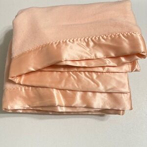 Vintage Satin Trim Acrylic Thermal Blanket Made in USA Peach Pink 87x64